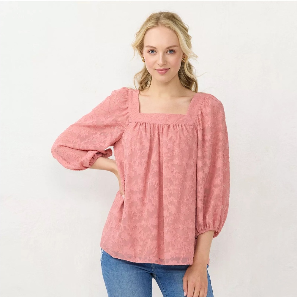 Lauren Conrad pink floral blouse with square neckline and sleeves size 0x